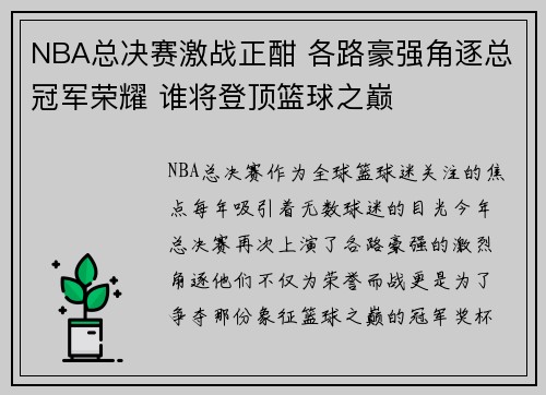 NBA总决赛激战正酣 各路豪强角逐总冠军荣耀 谁将登顶篮球之巅 NBA总决赛激战正酣 各路豪强角逐总冠军荣耀 谁将登顶篮球之巅